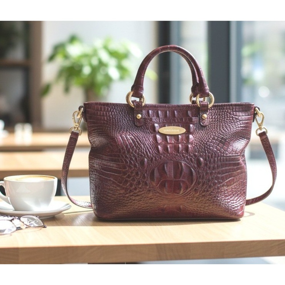 Brahmin Melbourne Duxbury Satchel Burgundy Croc Embossed Leather Handbag Dustbag